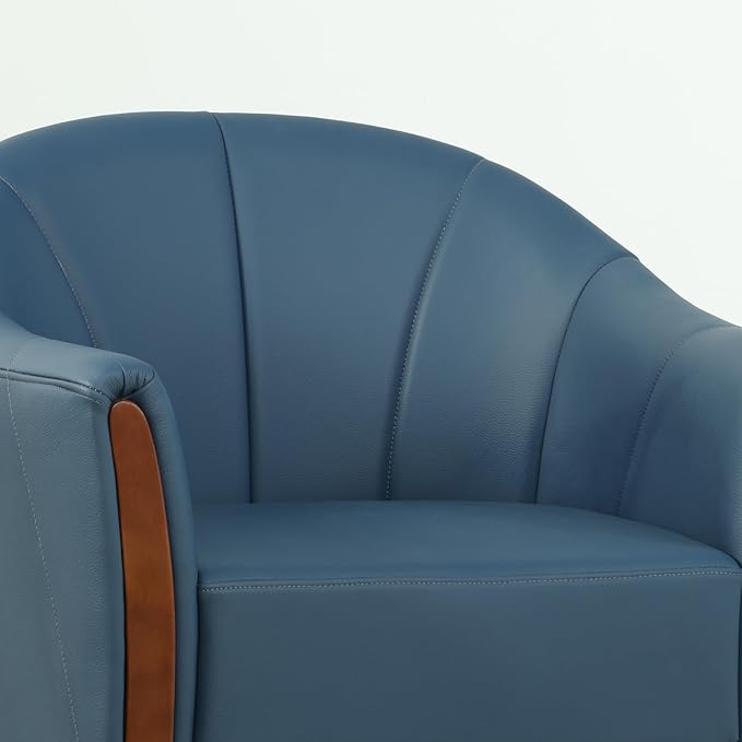 360° Swivel Accent Chair Modern Leather Barrel Club Chair with Leather Upholstery and Sturdy Wood Base Comfortable Armchair for Living Room Bedroom Reading Nook Blue