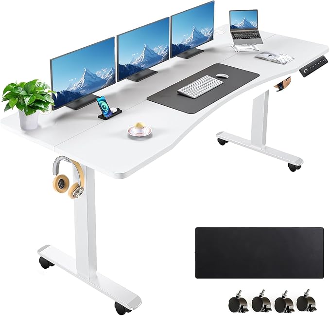 Standing Desk 63 x 24 in Adjustable HeightElectric Stand Up DeskCurved Sit Stand Home Office Computer Desk with casters Mouse pad and Headphone Hook(White)