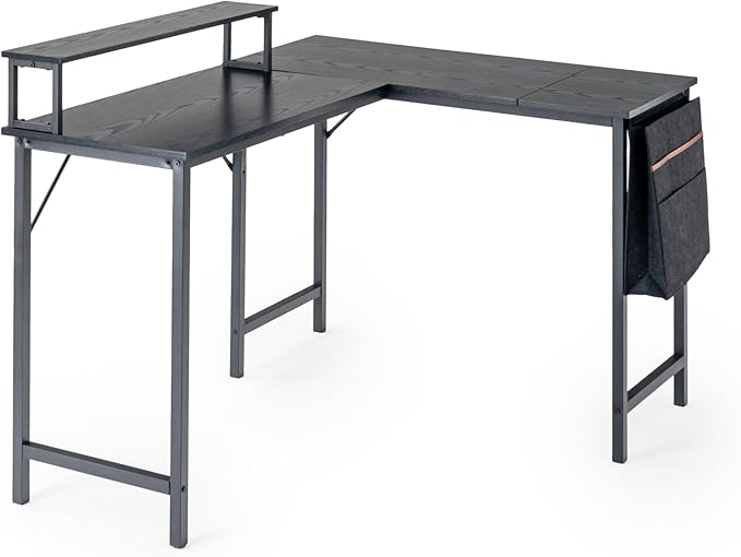 Homy Casa 48.8-Inch L-Shaped Computer Desk with Storage Bag and Desktop Rack – Durable Metal Frame Ample Storage Ideal for Home Office or Studio Use (Black)