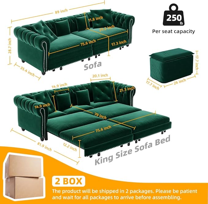 89'' Pull Out Sofa Bed King Chesterfield Velvet Sleeper Sofa Convertible L-Shaped Futon Couch Tufted Back 4 Pillows Ottoman Deep Seat Loveseat Couches for Living Room Apartment Green