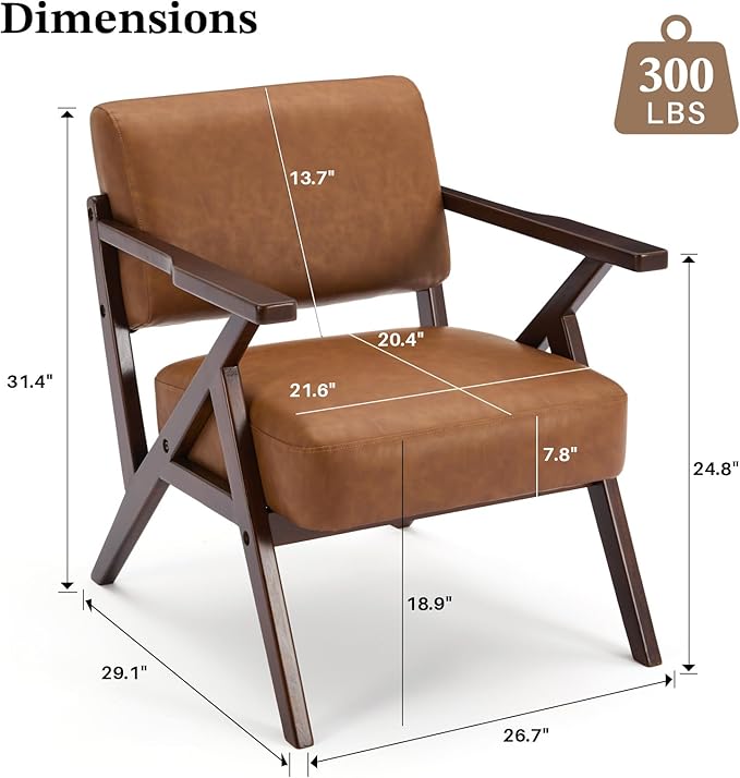 Mid Century Modern Chair Brown Leather Accent Chair Upholstered Armchair with Solid Wood Frame Comfy Reading Nook Chair Lounge Chairs for Living Room Bedroom
