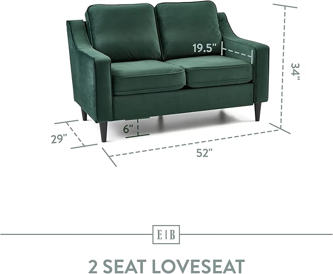 Edenbrook Jensen Upholstered Loveseat – Green Velvet Loveseat - Living Room Furniture - Small Loveseat- Seats Two - Scoop Arm Modern Couch - Couches