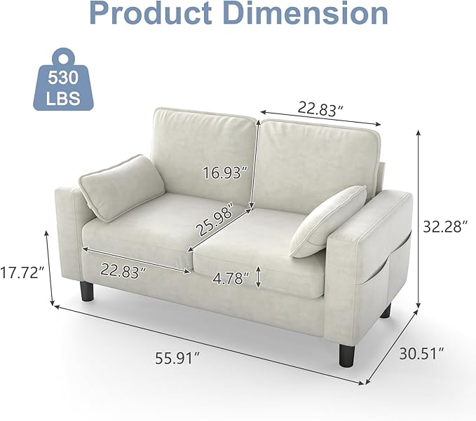KINTNESS 56” Modern Loveseat Sofa 2-Seater Sofa Couch with Deep Seat &amp Armrest Pillow Sectional Sofa Loveseat for Bedroom Living Room Removable Covers Ergonomic Height Non-Slip Off-White