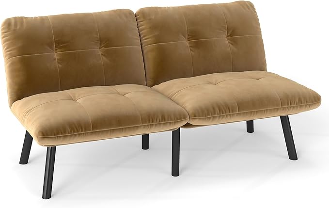 Sofa Bed with Chaise Modern Convertible Sleeper Sectional Loveseat Velvet Futon Couch with Tufted Back and Metal Legs for Small Space Apartment (Brown)