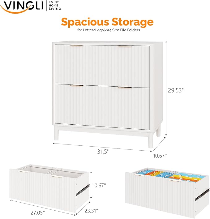 VINGLI 2 Drawer File Cabinet Home Office Filing Organizer for Letter Legal A4 Size File Folder Storage Modern Style Fluted Design Wood Lateral Filing Cabinet Printer Stand Archivador White