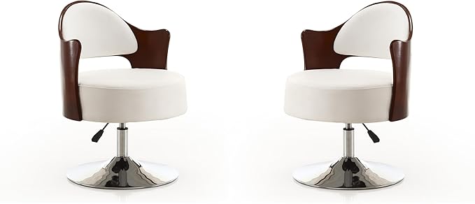 Manhattan Comfort Bopper Adjustable Swivel Accent Chair Set of 2 with 360° Turn Upholstered in Faux Leather with Polished Chrome Base Modern Design for Living Room &amp Home Office White