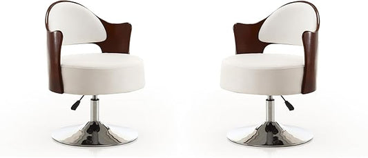 Manhattan Comfort Bopper Adjustable Swivel Accent Chair Set of 2 with 360° Turn Upholstered in Faux Leather with Polished Chrome Base Modern Design for Living Room &amp Home Office White