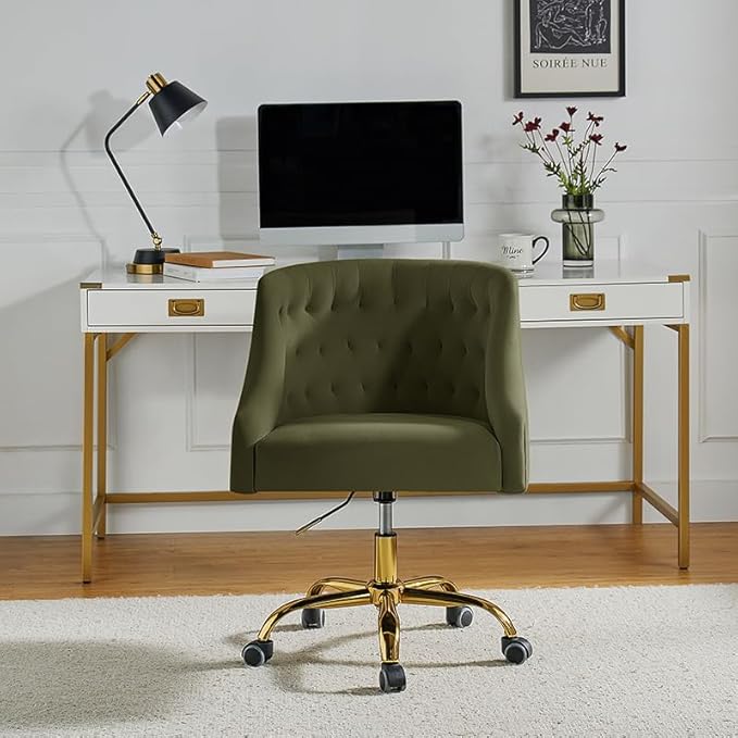 Velvet Office Chair with Gold Base Modern Cute Desk Chair Comfortable Adjustable Swivel Task Chair for Home Office Living Room Bedroom Vanity Study Moss