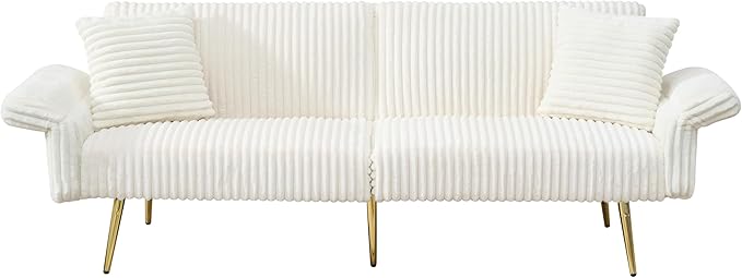 Convertible Sofa Bed Futon Couch Bed with Adjustable Arms and Backrest Modern Love Sofa with Gold Metal Legs for Living Room Bedroom (Corduroy Fabric in Cream White 79Wx29.33Dx27.6H)