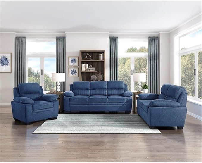 Pemberly Row Contemporary Fabric Upholstered Sofa Blue Textured Upholstery Solid Wood and Plywood Frame Pocket Coil Padding Faux Wood Legs 51.5 Seat Width Modern Living Room Seating
