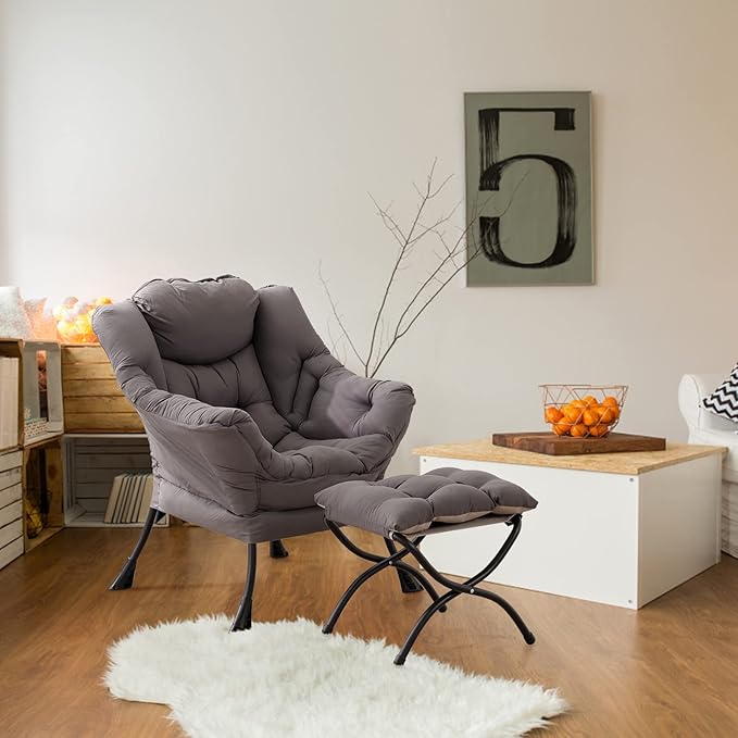 LITA Lazy Chair with Ottoman Modern Accent Leisure Upholstered Lazy Sofa Armchair Contemporary Lounge Reading Chair with Armrests and a Side Pocket for Living Room Bedroom &amp Small Space Dark G