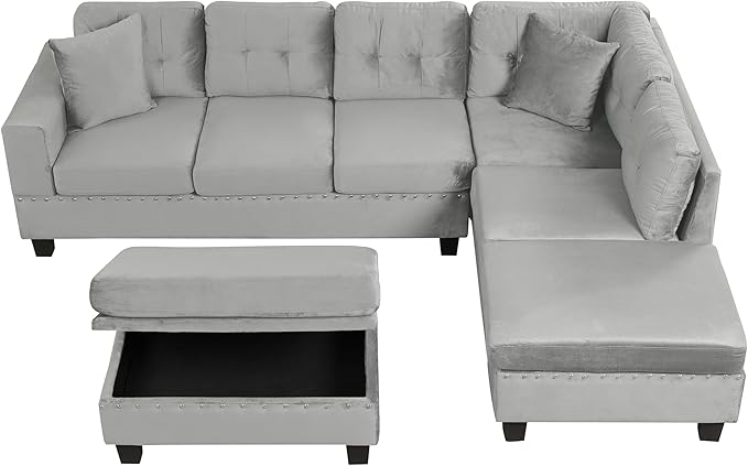 P PURLOVE Modern Sectional Sofa for Living Room Polyester L-Shape Couch with Storage Ottoman and 2 Pillows and Cup Holder Livingroom Sofa with Reversible Chaise for Apartment Studio (Gray)