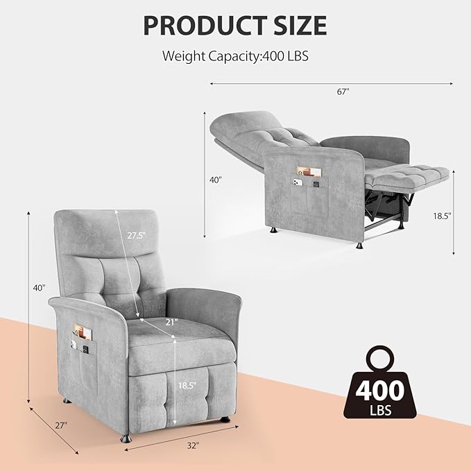 Electric Power Recliner Chair with Heat &amp Vibration Massage Overstuffed Fabric Sofa with Remote Control for Living Room Bedroom Easy Assembly Light Grey