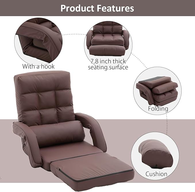 FLOGUOR 14-Position Adjustable Floor Chair Chaise Lounge Indoor Folding Lazy Sofa with Armrests and a Pillow Padded Adults Gaming Chairs for Living Room Bedroom Factory Price8803 (Coffee(PU))