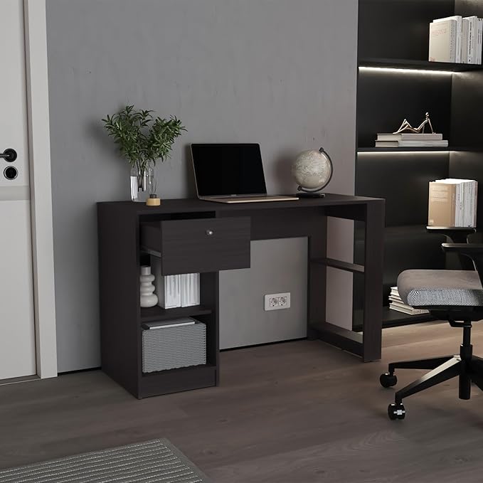 120-Home 47 Wide Desk with Four Shelves and One Drawer - Writing Desk for Home Office and Living Room Black