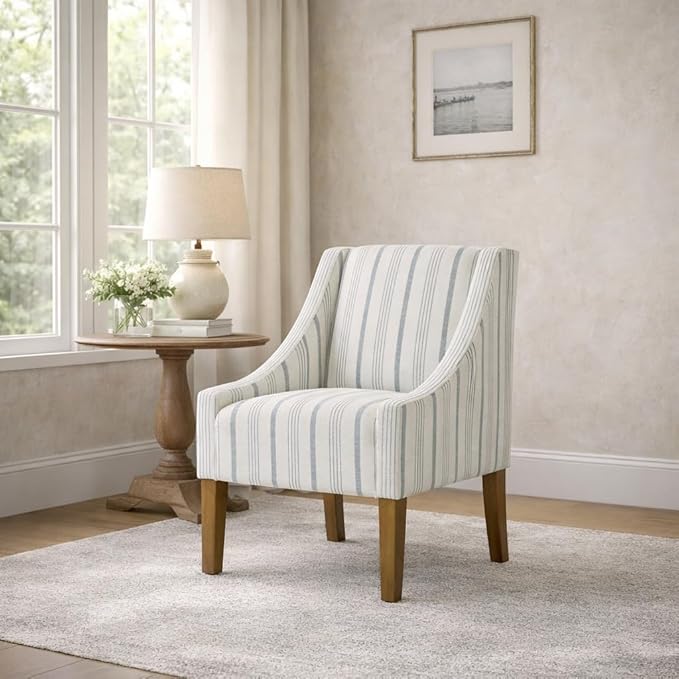 Homepop Home Decor Upholstered Classic Swoop Arm Accent Chair Accent Chairs for Living Room &amp Bedroom Decorative Home Furniture Ivory &amp Gray Stripe