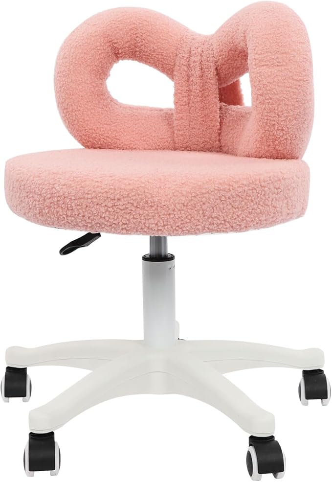 Cute Bow Backrest Chair Pink Make-up Chair Height Adjustable Roller Chair with 5 Wheels Armless Dressing Chair Small Upholstered Accent Chair Desk Chair for Bedroom Living Room