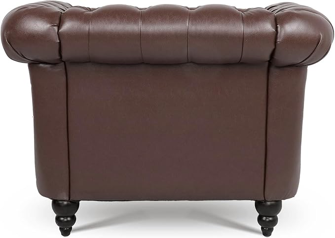 Leather Chair Living Room Single Sofa Medieval Retro Tufted Cushion Accent Sofa Chair with Rolled Arms and Nailhead Cigar Chair for Bedroom Office Apartment Club Chairs (Dark Brown)
