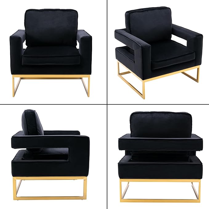 HEAH-YO Modern Accent Chairs Set of 2 Comfy Upholstered Living Room Chairs with Armrests and Golden Metal Legs Modern Side Chairs for Living Room Bedroom Black