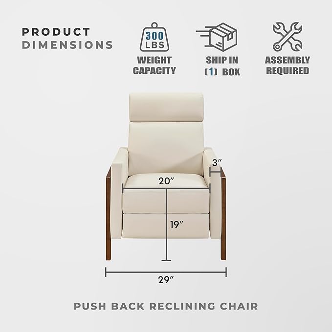 Lexicon Push Back Recliner Chair Faux Leather Upholstered Reclining Chair with Footrest Exposed Dark Brown Finish Wood Frame Small Recliner for Small Space Living Room Bedroom Light Beige