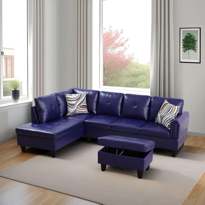 Blue L-Shaped 3-Piece Faux Leather Sofa with Storage Ottoman Set Sectional Couch Sofa Set for Living Room Office Small Space