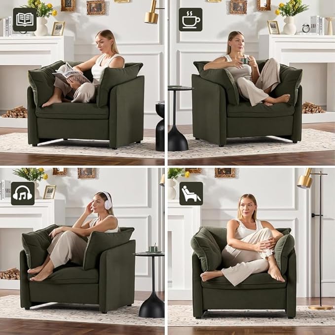 Chenille Oversized Armchair Modern Accent Chair Single Sofa Lounge Chair Chenille Fabric 36 Wide 24 Seat Deepth Reading Chair for Living Room Bedroom (Green)