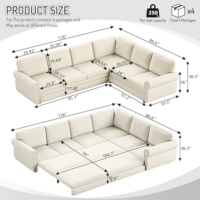118'' Sleeper Sofa Bed with Pull Out Couch Bed Chenille L Shaped Sectional Sofa with Nailhead Trim &amp Rolled Arm 6 Seater Corner Sectional Couches for Living Room Furniture Beige