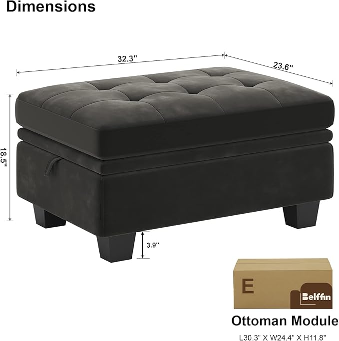 Belffin Velvet Ottoman Module with Storage for Modular Sofa Sectional Couch Rectangular Ottoman with Storage Ottoman Bench Footstool Grey