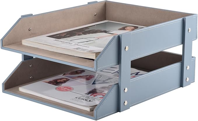 Leather Desk Letter TrayOffice Supplies Paper Organizer for Mail Paper Files Magazines Jewelry CosmeticsFashion Letter Holder&amp 2-Tier Multipurpos Stackable Office Desktop Storage BoxGrey