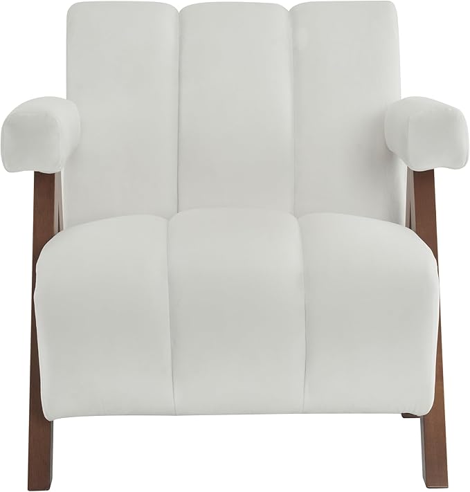 Mid Century Modern Accent Chair with Solid Wood e Upholstered Living Room Chairs with Thick Cushion Comfy Tufted Arm Chair for Bedroom Living Room Velvet Ivory