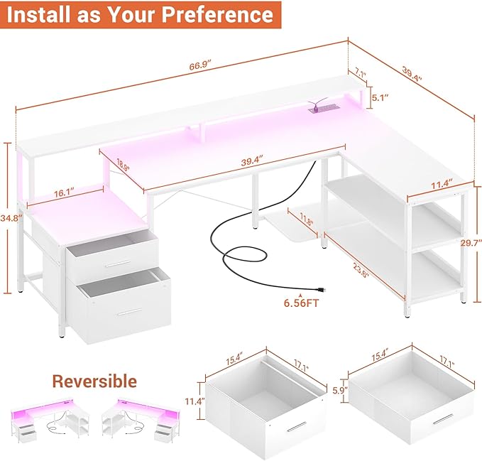 Aheaplus L Shaped Desk with Power Outlet Reversible L Shaped Computer Desk with File Drawer &amp Monitor Stand Gaming Desks with LED Strip Home Office Desk with Storage Shelf White