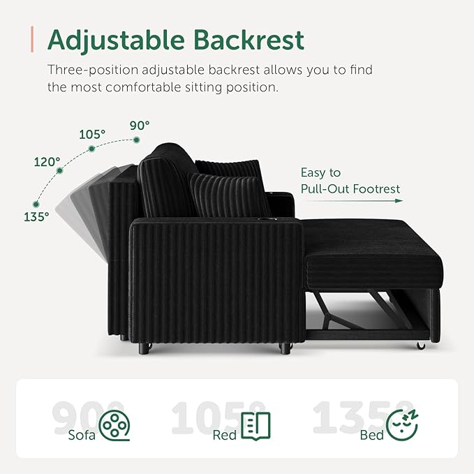 52” 3-in-1 Convertible Pull-Out Sofa Bed Sleeper Loveseat with Built-in Cup Holders Reclining Backrest Pet-Friendly Corduroy Sofa for Small Space - Black