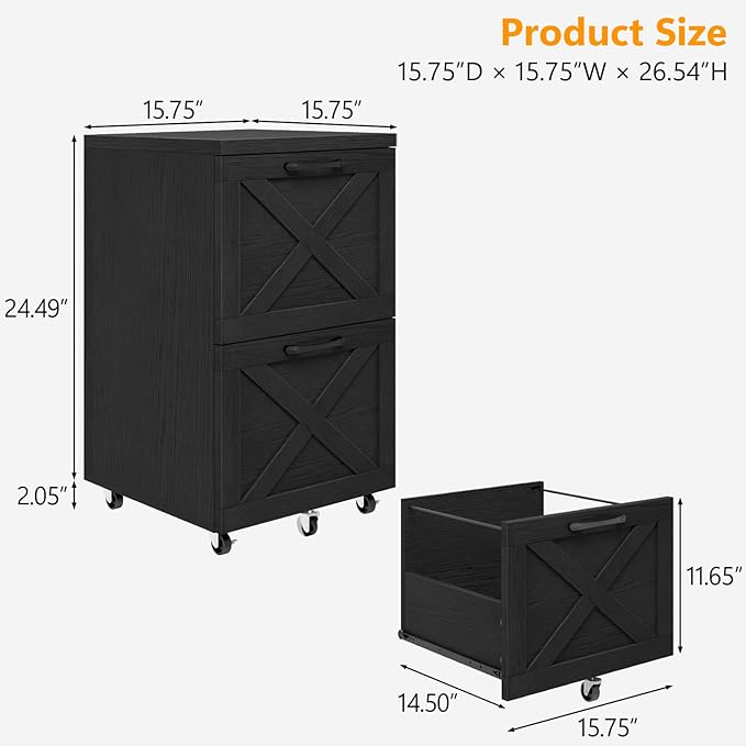 Vabches Farmhouse File Cabinet with 2 Drawers Vertical Filing Cabinet on Wheels for Letter/A4 Size Hanging Files Mobile File Cabinets Printer Stand for Home Office Black