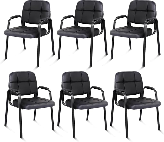 CLATINA Leather Guest Chairs Set of 6 Desk Chair No Wheels Office Reception with Padded Arms for Office Conference Waiting Room Black