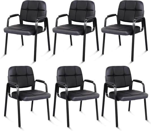 CLATINA Leather Guest Chairs Set of 6 Desk Chair No Wheels Office Reception with Padded Arms for Office Conference Waiting Room Black