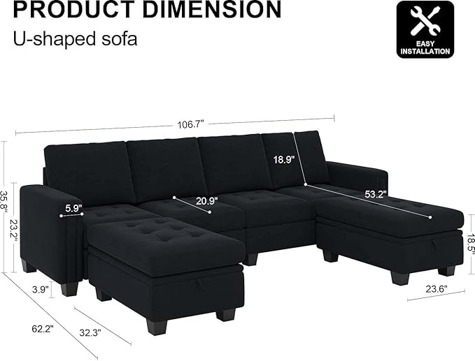 Belffin Velvet U Shaped Sectional Sofa Couch with Storage Ottoman Convertibel Sectional Sofa with Reversible Chaises Black