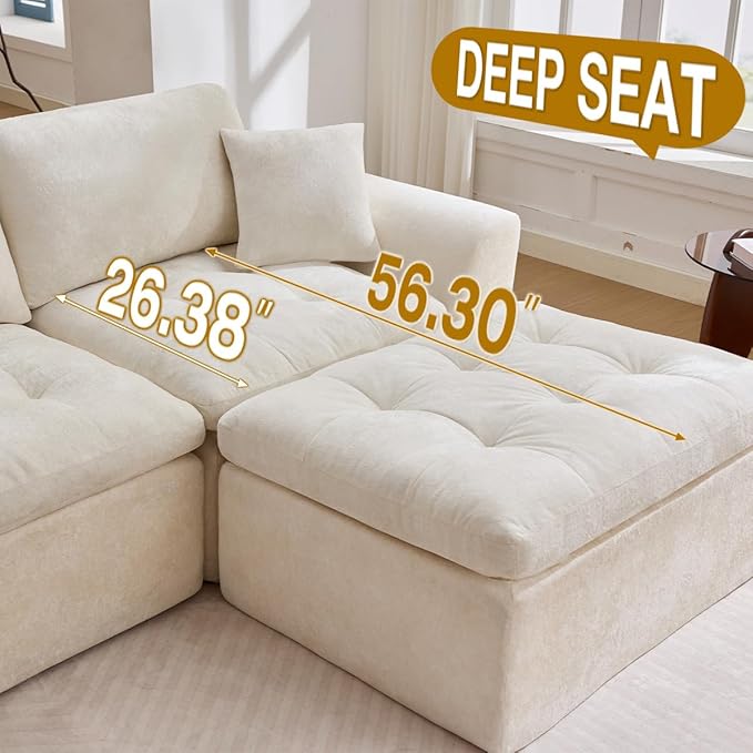110 Cloud Sectional Couch for Living Room Upholstered L-Shape Modular Sofa with Movable Ottoman 3-Seater Deep-Seat Foam Couch Comfortable Convertible Sectional for Home &amp Apartment（Beige）