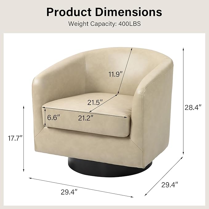 Swivel Barrel Chair Modern Round PU Leather Accent Armchair for Living Room Bedroom Oversized Comfy Club Reading Chairs for Adults (Leather Cream Set of 1)