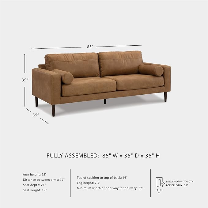 Signature Design by Ashley Telora Faux Leather Sofa 2 Bolster Pillows Loose Cushions Faux Wood Finish Accent Legs 85 W x 35 D x 35 H Dark Brown
