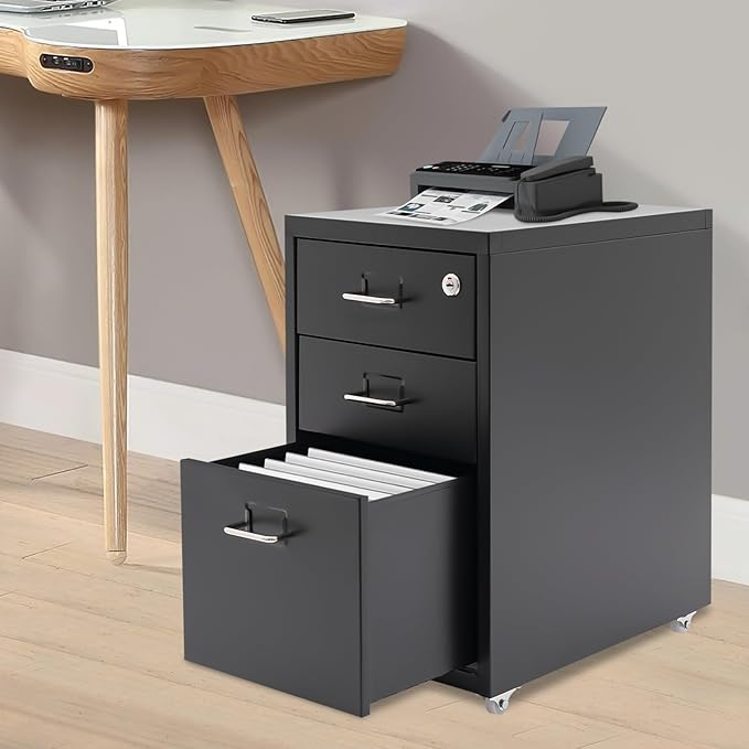 Locking 3-Drawer Vertical File Cabinet on Wheels Mobile Steel Storage Organizer with Keys for Home Office Study (Black)