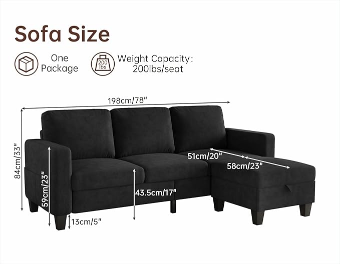 Small Couches for Living Room 78 Convertible L Shaped Couch Black 3 Seater Sofas with Movable Storage Ottoman for Small Space