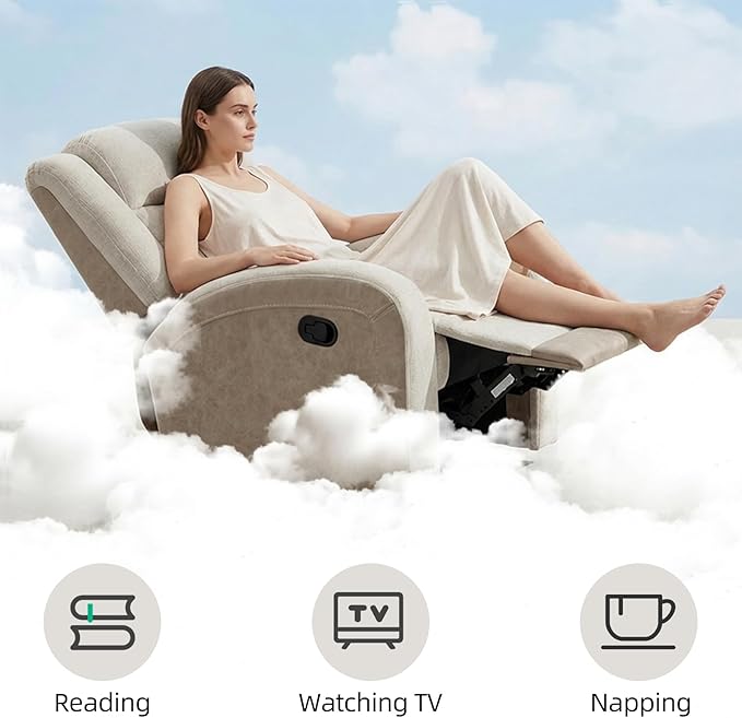 EBELLO Manual Recliner Chair Plush Fabric Single Recliner with Padded Seat Overstuffed Headrest and Supportive Footrest Perfect for Living Room Bedroom or Home Theater Beige