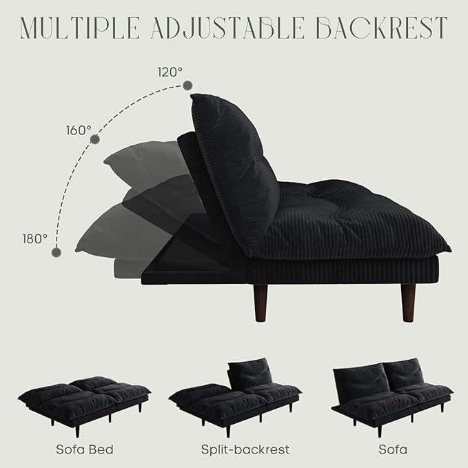 Futon Sofa Bed 69 inch Futon Couch with Adjustable Backrest Corduroy Convertible Sleeper Sofa Bed Folding Sleeper Recliner for Apartment Living Room Office Black