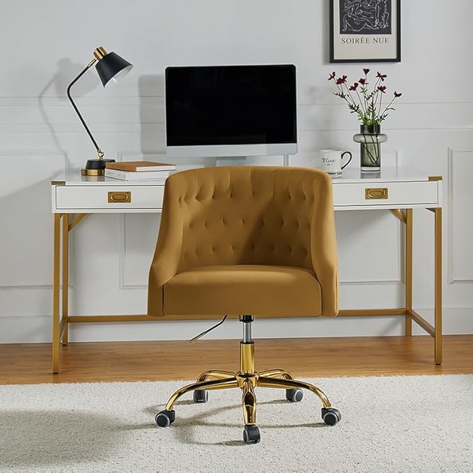 Velvet Office Chair with Gold Base Modern Cute Desk Chair Comfortable Adjustable Swivel Task Chair for Home Office Living Room Bedroom Vanity Study Golden
