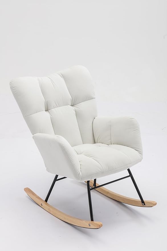 Mid Century Modern Velvet Tufted Upholstered Rocking Chair Padded Seat for Living Room Bedroom White