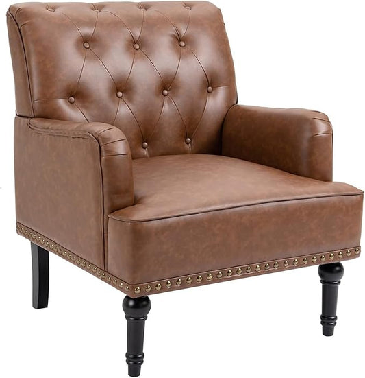 MOJAY Faux Leather Accent Chair Mid-Century Armchair Living Room Sofa Chair with Rubber Wood Leg Club Chair with Rivet Trim for Bedroom Reading Room Reception (Brown)