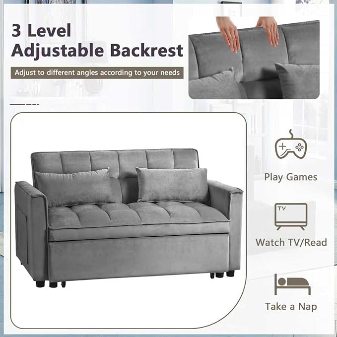 3 in 1 Pull Out Couch Bed Convertible Futon Sofa Bed Velvet Sleeper Loveseat for Small Living Room Adjustable Backrest Comfy Pillows Side Pocket (Dark Grey)