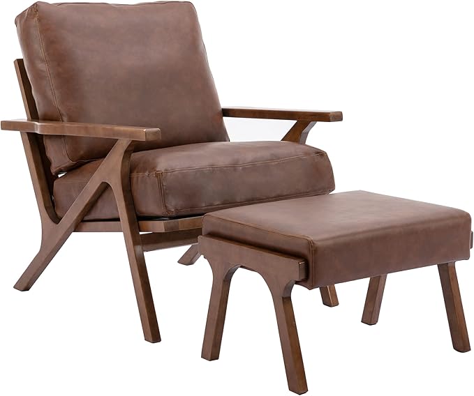 chairus Mid-Century Modern Brown Faux Leather Accent Chair with Ottoman Comfy Upholstered Lounge Armchair with Removable Cushion &amp Solid Wood Frame Retro Reading Chair for Living Room Bedroom Of