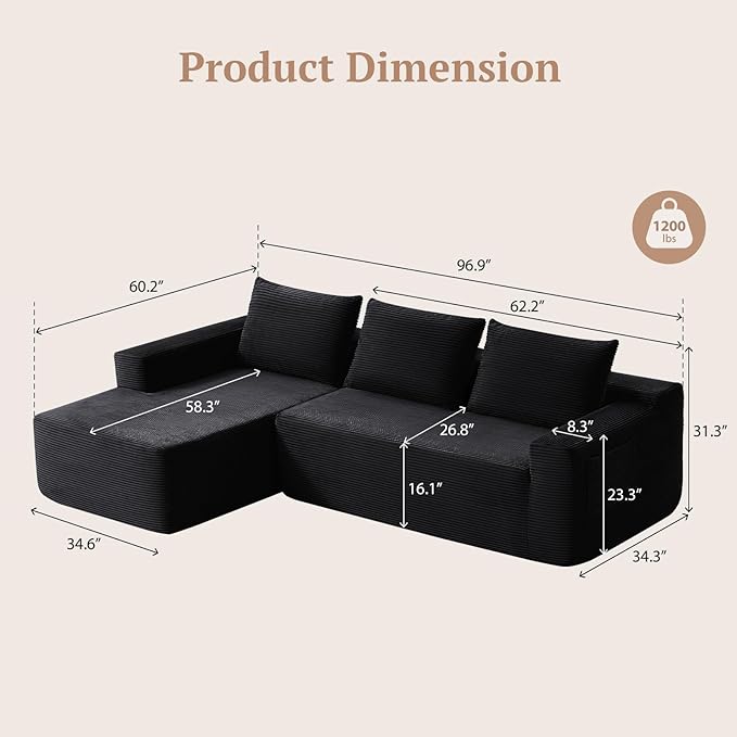 97inch Boneless L-Shaped Sectional Sofa with Throw Pillow &amp Side Pockets- No Assembly Compressed Modular Couch Memory Foam Deep Seat for Living Room Bedroom Apartment Black Left