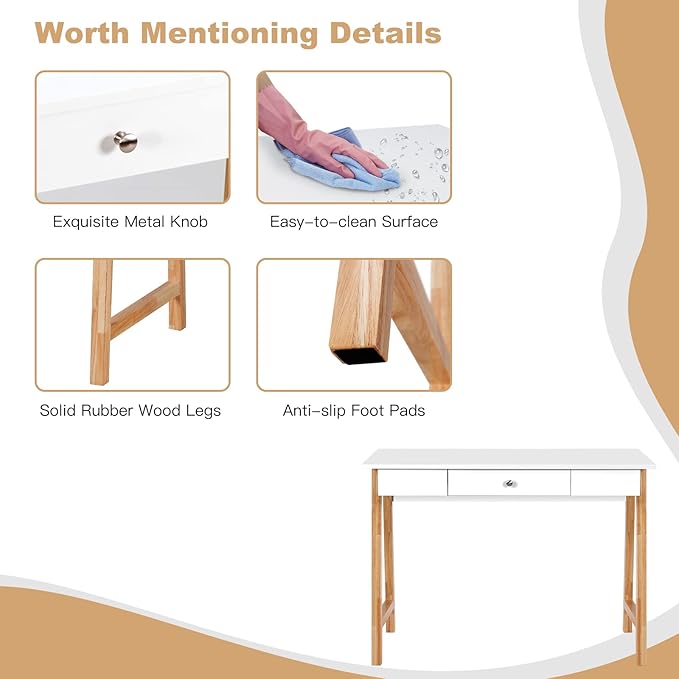 COSTWAY 42 Computer Desk with Storage Drawer Modern Home Office Writing Study Table with Solid Rubber Wood Legs &amp Non-Slip Foot Pads Multifunctional Makeup Vanity Dressing Table (Wood and White